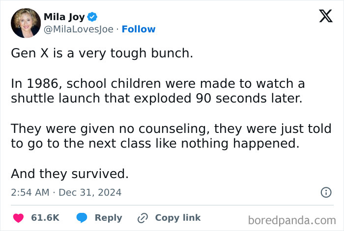 Tweet screenshot about Gen X children watching a shuttle launch explosion with no counseling, showing rose tinted tolerance nostalgia.