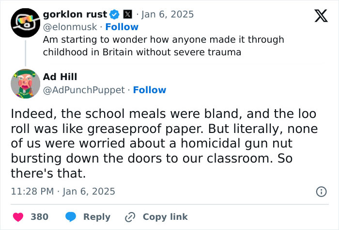 Screenshot of a humorous Twitter exchange about British childhood experiences, showcasing Great British memes.