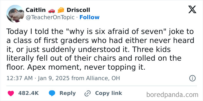 Teacher sharing a funny math joke with first graders, showing love and passion for teaching and students.