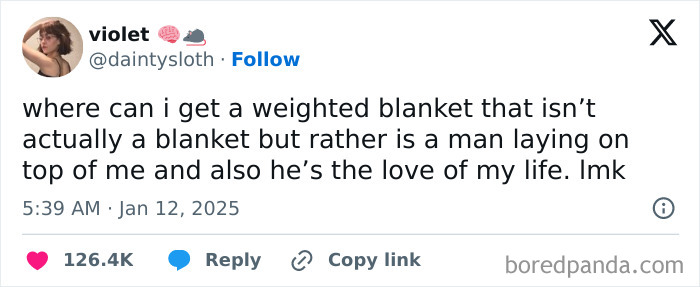 Tweet from IG user @daintysloth humorously asking about a weighted blanket, relating to serotonin boost and daily mood uplift.
