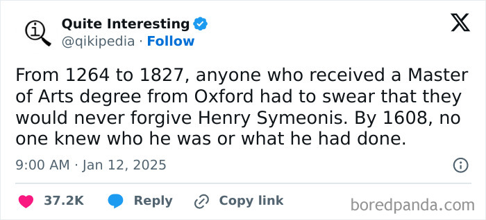 Screenshot of a tweet about a historical vow involving Oxford graduates, highlighting a bizarre main character moment.