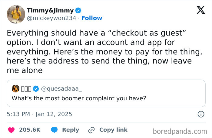 Tweet about young people’s boomer complaints highlighting desire for straightforward checkout without accounts or apps.