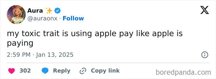 Screenshot of a relatable social media post joking about toxic traits and using Apple Pay, highlighting smile today cry tomorrow humor.