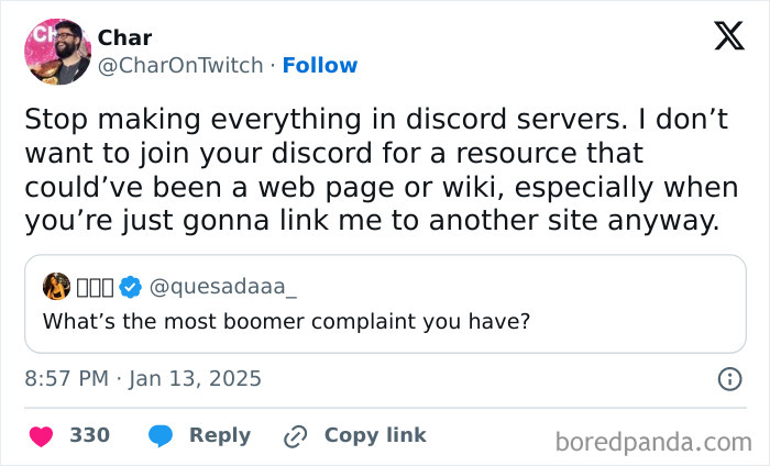 Tweet by CharOnTwitch sharing a boomer complaint about preferring physical car keys over digital alternatives.