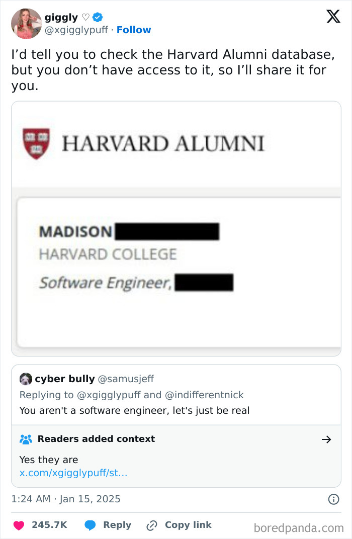 Twitter exchange shows people online confused about someone's Harvard alumni status and software engineer role.