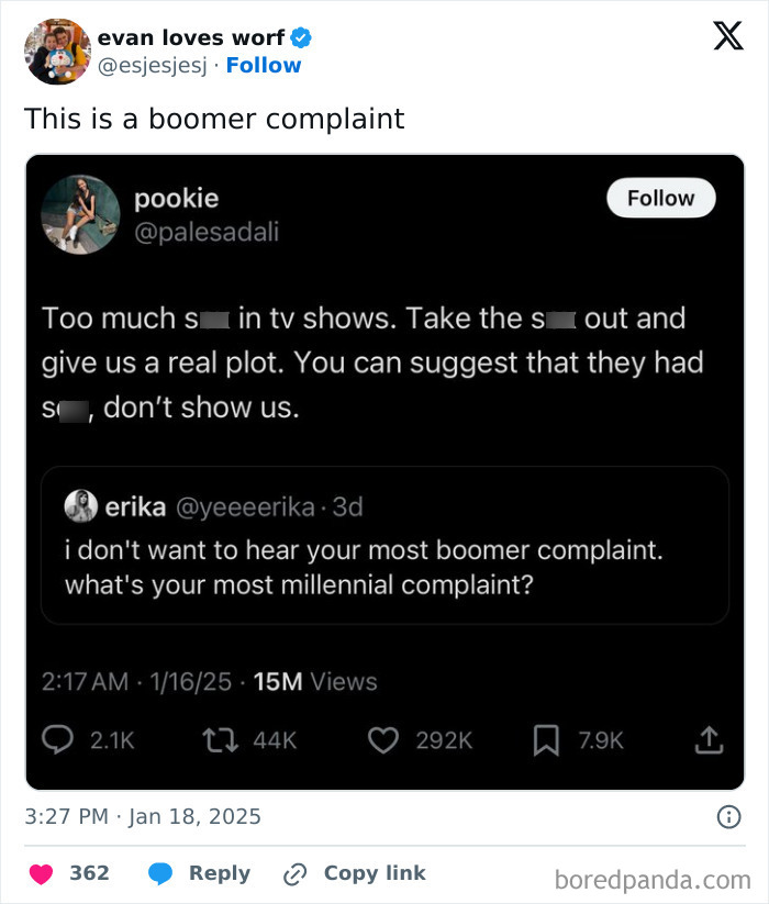 Screenshot of a social media post sharing boomer complaints about modern TV shows and plots.