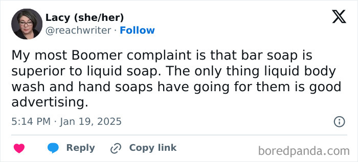 Tweet from a young person sharing a boomer complaint about bar soap being superior to liquid soap.