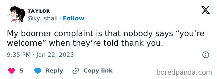Screenshot of a tweet sharing a boomer complaint about manners in modern communication on social media.
