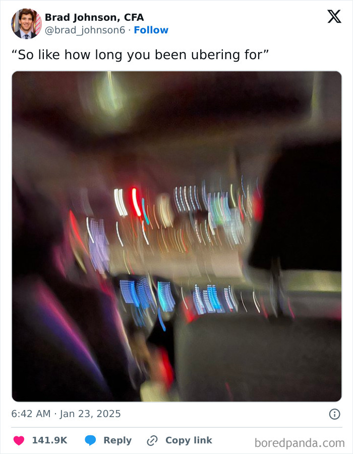 Blurry photo from inside a car at night with colorful lights and funny relatable meme text about ubering.