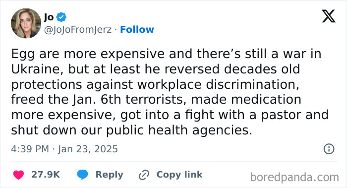 Tweet highlighting facepalm moments about rising costs, political actions, and public health issues in America.