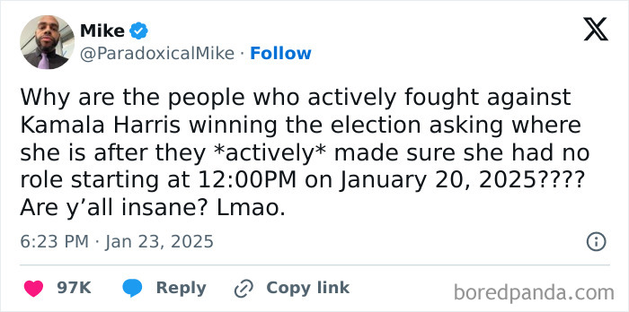 Tweet by Mike questioning the common sense of election opponents in a facepalm moment about Kamala Harris’s role.