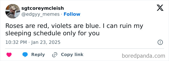 Screenshot of a spicy meme on Instagram with a humorous poem about ruining sleep schedules, shared for relatable laughs.