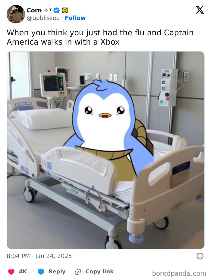 Cartoon penguin edited into a hospital bed setting, illustrating a silly and relatable meme from a spicy IG page collection.