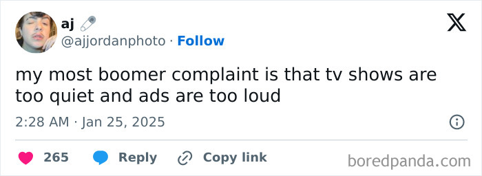 Tweet screenshot showing a young person sharing a boomer complaint about TV shows being too quiet and ads too loud.
