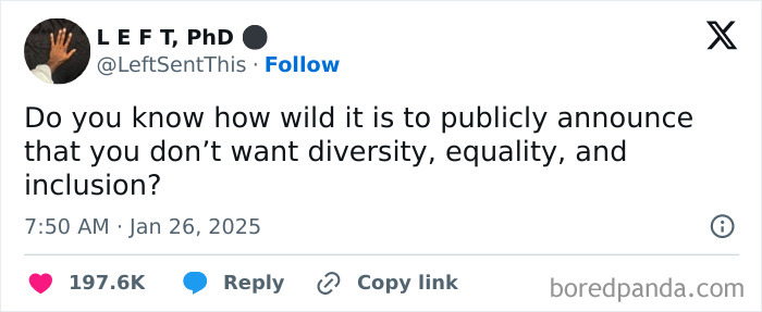 Social media post expressing frustration with current political situation and views on diversity and inclusion.