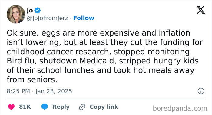 Social media post expressing frustration with the current political situation and government funding cuts.