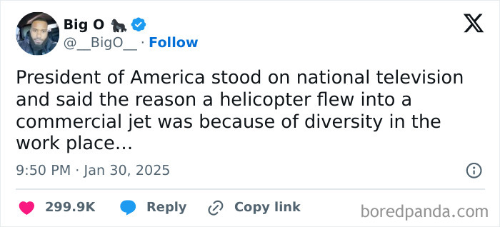 Tweet about a presidential statement linking a helicopter crash to workplace diversity, highlighting common sense facepalm moments.
