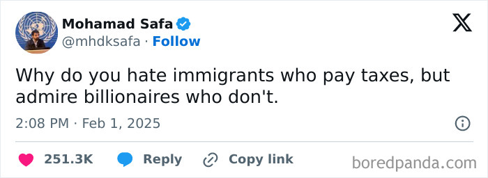 Tweet criticizing political views on immigrants and billionaires, reflecting public frustration with the current political situation online.