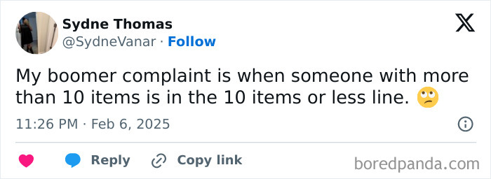Screenshot of a tweet sharing a boomer complaint about store checkout lines and item limits with an eye-roll emoji.