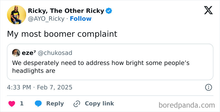 Tweet showing a boomer complaint about bright car headlights, relating to physical key and car issues from young people.