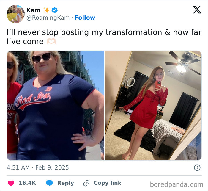 Weight loss before and after pics showing inspiring transformation with a woman in casual and red dress selfie photos.