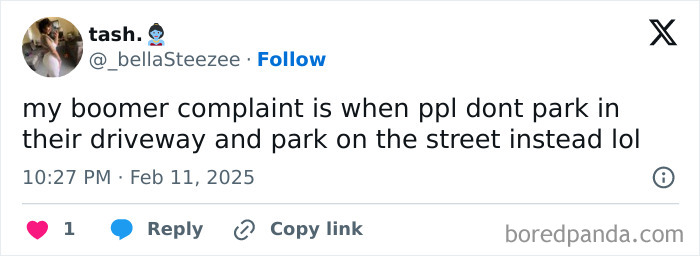 Tweet showing a young person's boomer complaint about parking in driveways versus the street.