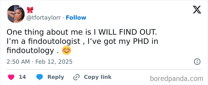 Tweet screenshot showing a sarcastic meme about being a findoutologist with a PhD in findoutology.