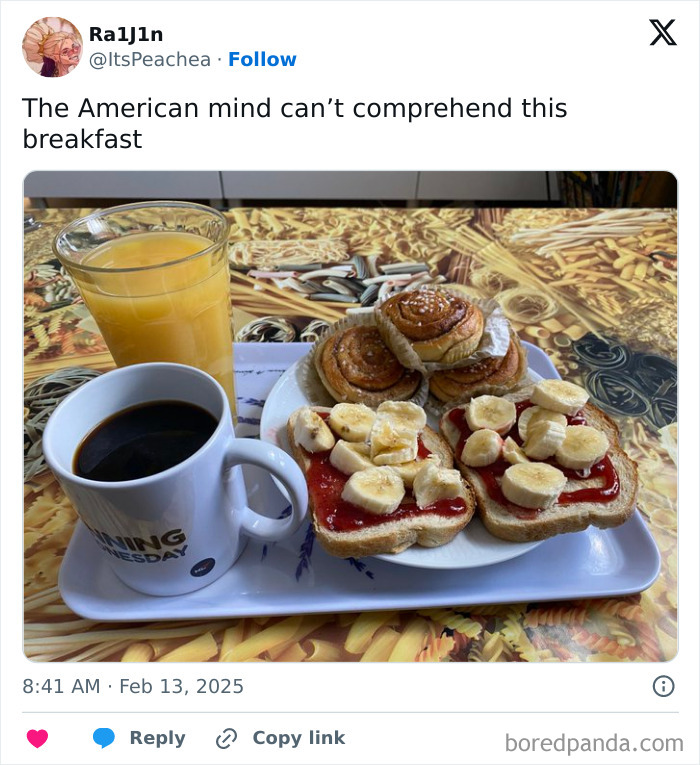 Breakfast tray with coffee, orange juice, cinnamon rolls, and toast topped with banana slices and jam to confuse Americans.