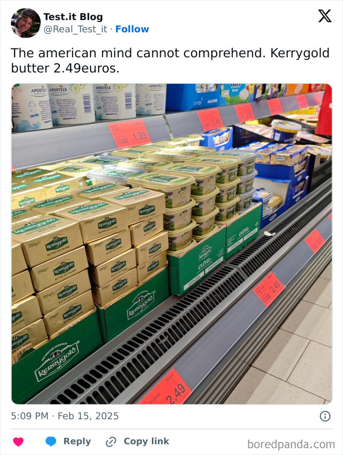 Kerrygold butter priced at 2.49 euros in a supermarket fridge, showcasing confusing pricing for American shoppers.