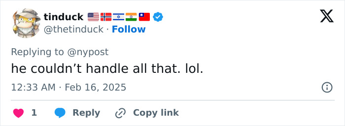 Twitter reply from user tinduck with flags in profile, commenting humorously on a news post amid growing tension with Sacha Baron Cohen. Twitter reply from user tinduck with flags in profile, commenting humorously on a news post amid growing tension with Sacha Baron Cohen.