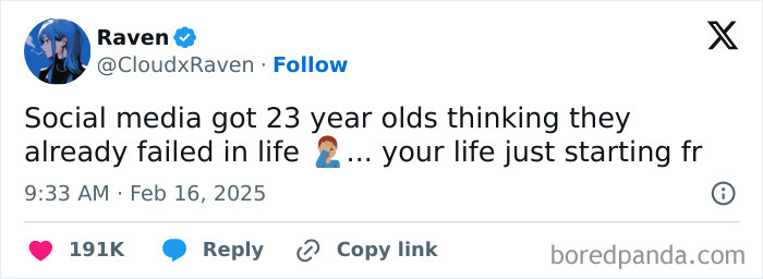 Tweet by user Raven about social media making 23-year-olds feel like they failed, featuring a facepalm emoji, related to random Gen Z memes.