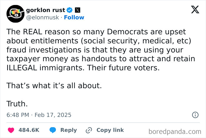 Social media post showing people done with the current political situation expressing opinions about immigration and entitlements.