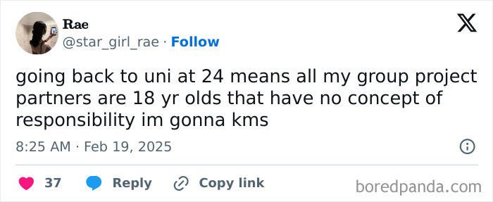 Tweet about returning to university at 24 with younger group project members, highlighting relatable student memes online.
