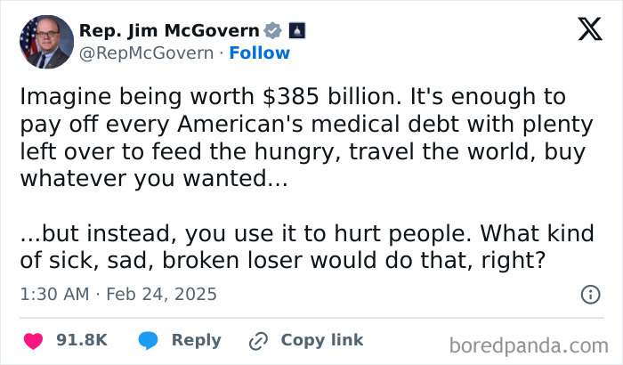 Tweet by Rep. Jim McGovern expressing frustration with current political situation and its impact on people online.