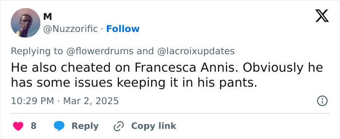 Screenshot of a tweet discussing Ralph Fiennes and Francesca Annis related to a scandalous affair.