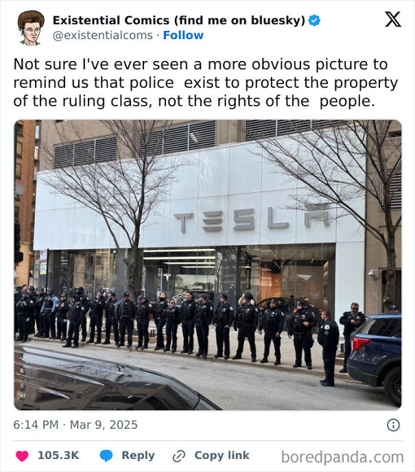 Police lined up outside Tesla store symbolizing protection of ruling class property in anti-capitalism social media post.