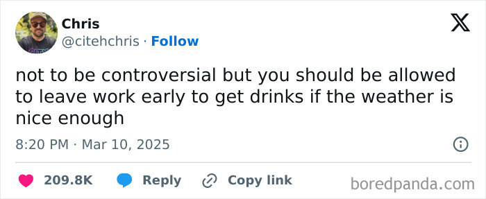 Tweet from Chris suggesting leaving work early for drinks when the weather is nice, shared for daily serotonin boost.