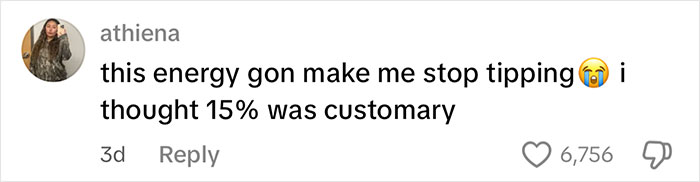 Comment from user Athiena expressing frustration about tipping culture, stating surprise that 15% was customary.