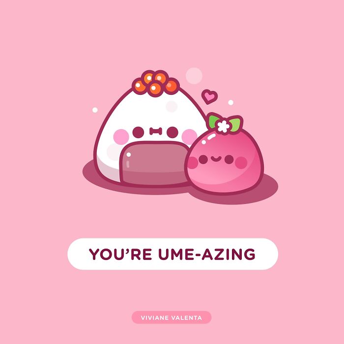 Cute food pun illustration featuring adorable rice ball and ume with happy faces on a pink background.
