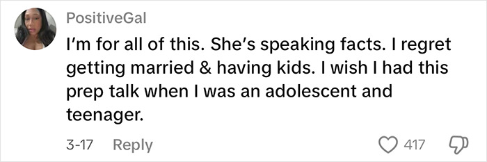 Screenshot of a social media comment praising a woman who urged other women not to get married now in a viral clip.