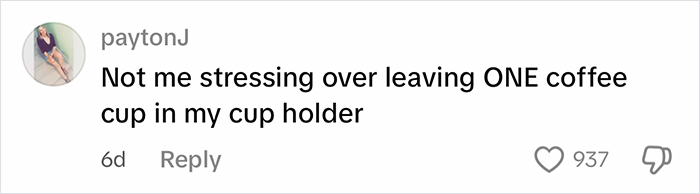 Comment from paytonJ about stressing over leaving one coffee cup in a car cup holder, related to cleaning out filthy car.