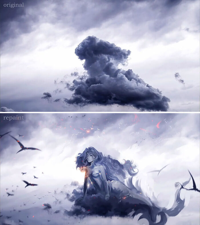 Cloud formation transformed into a fantastical mermaid scene by artist repainting photos revealing another reality.