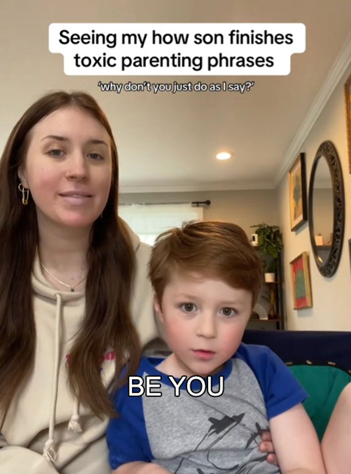 Mother and son illustrating toxic parenting sentences and children's responses to toxic parenting phrases.