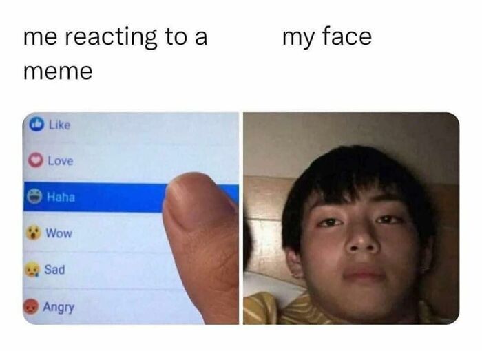 Person selecting the Haha reaction on social media with a neutral facial expression, reflecting funny memes.