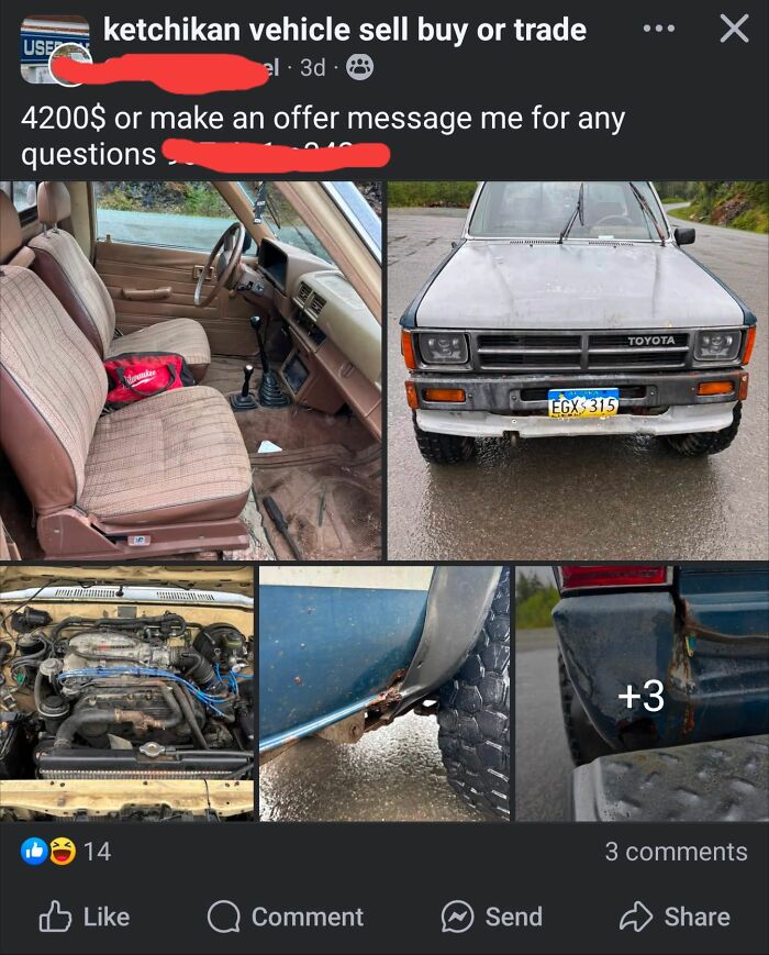 Old Toyota truck with visible rust and worn interior, one of the wildest things found for sale on Facebook Marketplace.