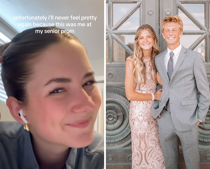 Side-by-side photos showing people sharing glow downs trend with a casual selfie and a formal prom portrait.