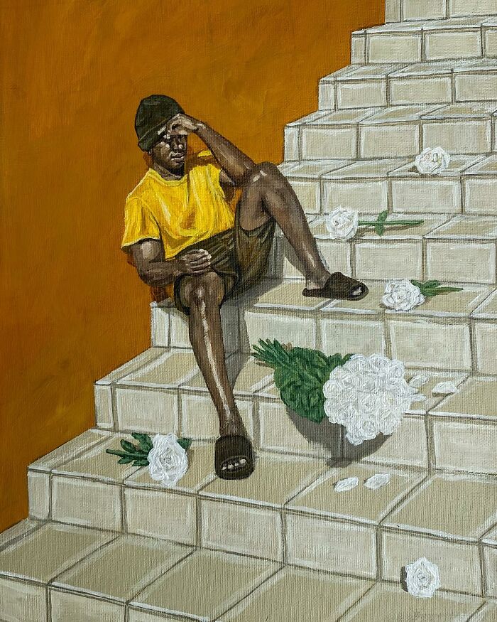 Painting of a man in yellow shirt sitting on tiled stairs surrounded by white flowers exploring colours space and identity.