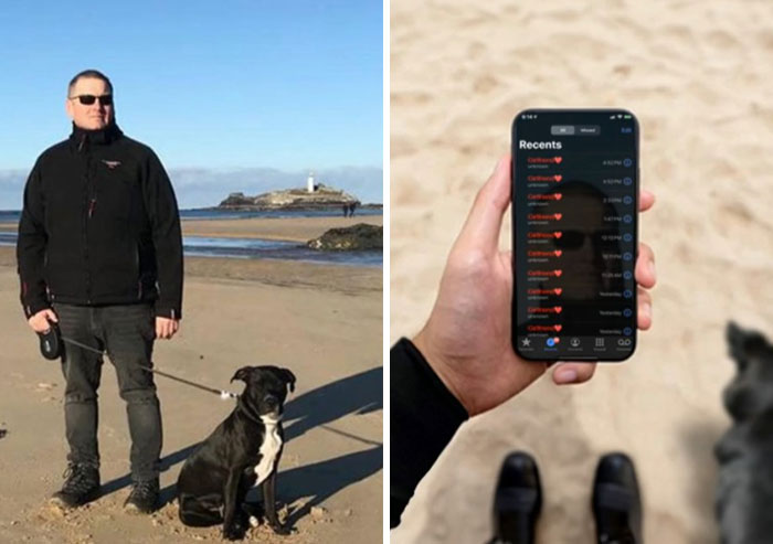 Man standing on beach with dog in original and edited photo showing Photoshop edits from funny photo requests.