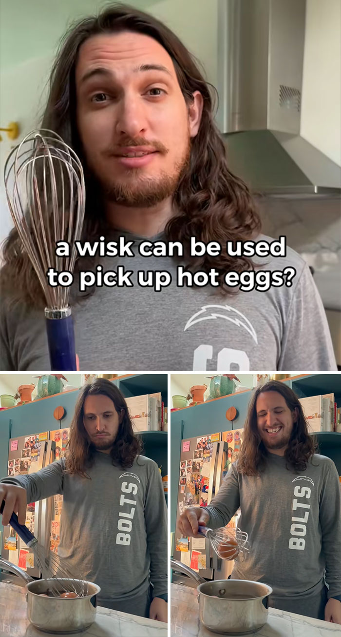Man demonstrating kitchen hack using a whisk to pick up hot eggs in a home kitchen setting.