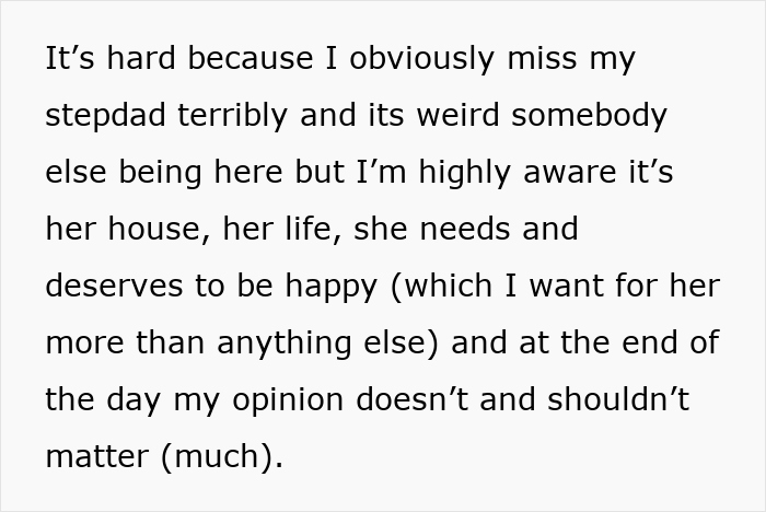 Text excerpt about a daughter supporting her grieving mom’s new romance despite concerns raised during first visit.